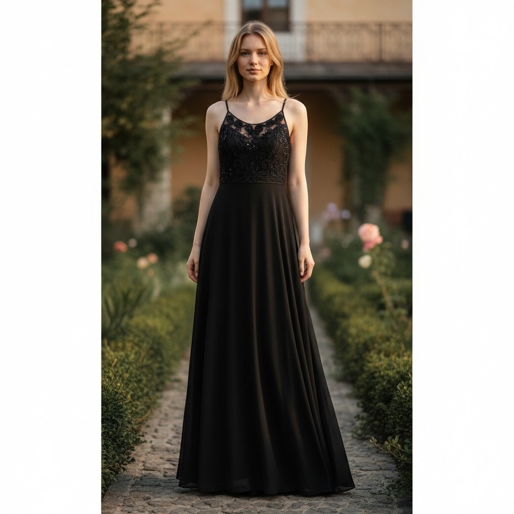 Cache Vintage Black Sequin Embroidered Mesh Maxi Formal Dress Gown Womens 14